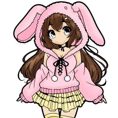 pretty anime girl wearing a fluffy hoodie with bunny ears on the hood and a skirt