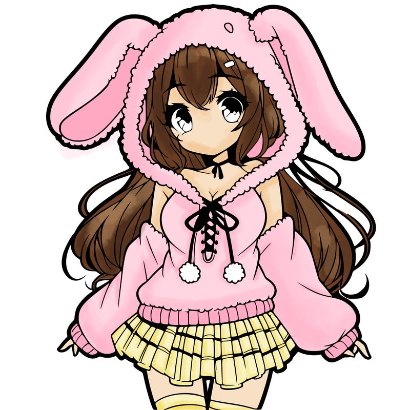 pretty anime girl wearing a fluffy hoodie with bunny ears on the hood and a skirt