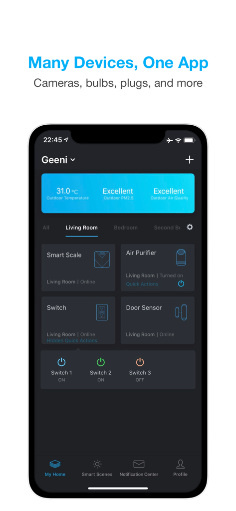 Smartphone screen showing the Geeni app dashboard with controls for a smart scale air purifier and light switches