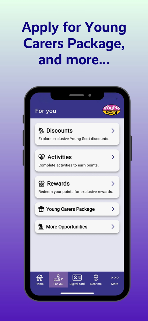 Young Scot - Young Scot app interface showing discounts, activities, and rewards for young people.