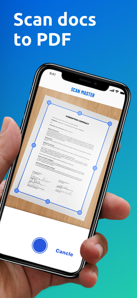 Mobile app interface for scanning documents into PDF with automatic edge detection