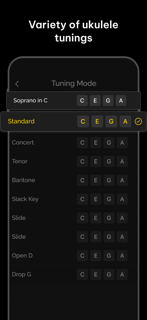 Variedad de modos de afinación de ukelele que incluyen Soprano, Concierto y Tenor en la app de afinación