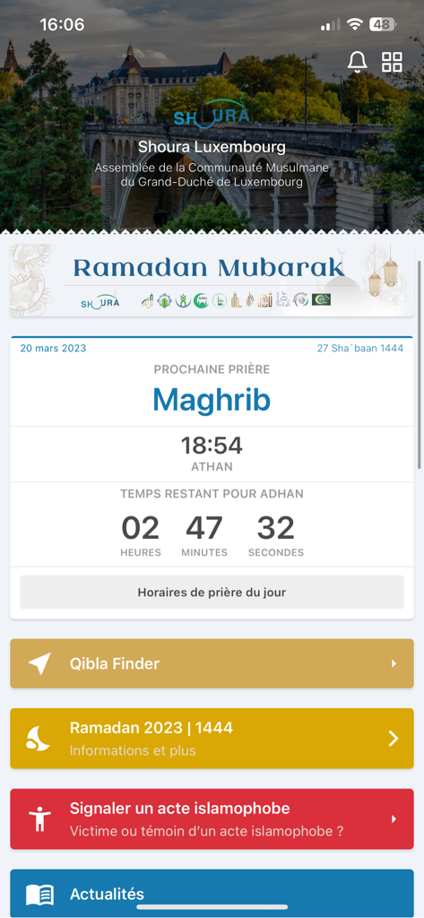 myShoura - Dashboard of the myShoura app for the Luxembourg Muslim community featuring prayer times and local news