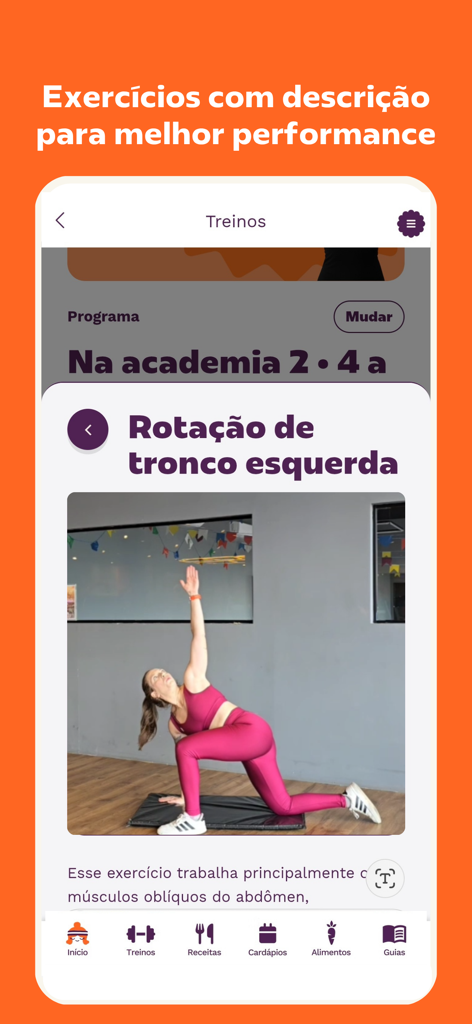 Superela: Exercícios, Receitas - A woman in pink workout attire demonstrating a trunk rotation exercise within the Superela app fitness guide