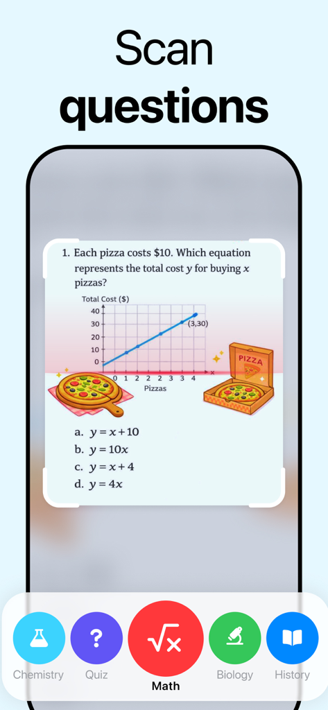 AI Homework Helper · Solve It - AI Homework Helper app interface showing the scan questions feature with a math word problem and coordinate graph