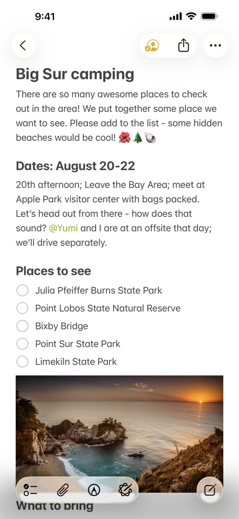 Notes - A shared note in Apple Notes titled Big Sur camping featuring a checklist of locations and a sunset landscape photo