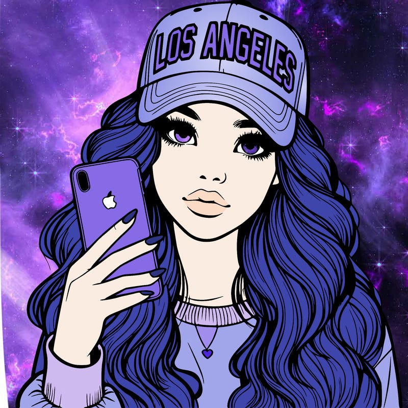 realistic beautiful girl wearing los ángeles cap holding an iphone