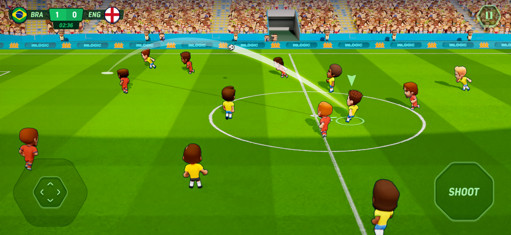 Soccer Mini Stars: Football 24 - Gameplay screenshot of Soccer Mini Stars showing a Brazil versus England match on a green pitch with arcade-style mini players.