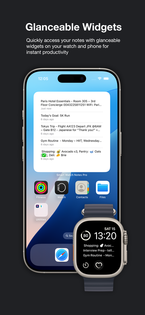 Smart Watch Notes Pro - Blickdichte Widgets von Smart Watch Notes Pro auf iPhone- und Apple Watch-Bildschirmen