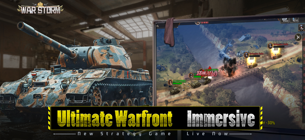 War Storm: Modern Warfare - Un tanque pesado y una escena de combate táctico en un puente en el juego de estrategia móvil War Storm.