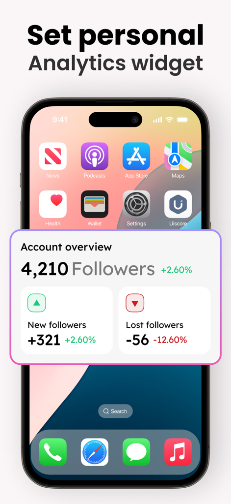 Pantalla de iPhone que muestra un widget de resumen de cuenta con estadísticas de seguidores nuevos y perdidos