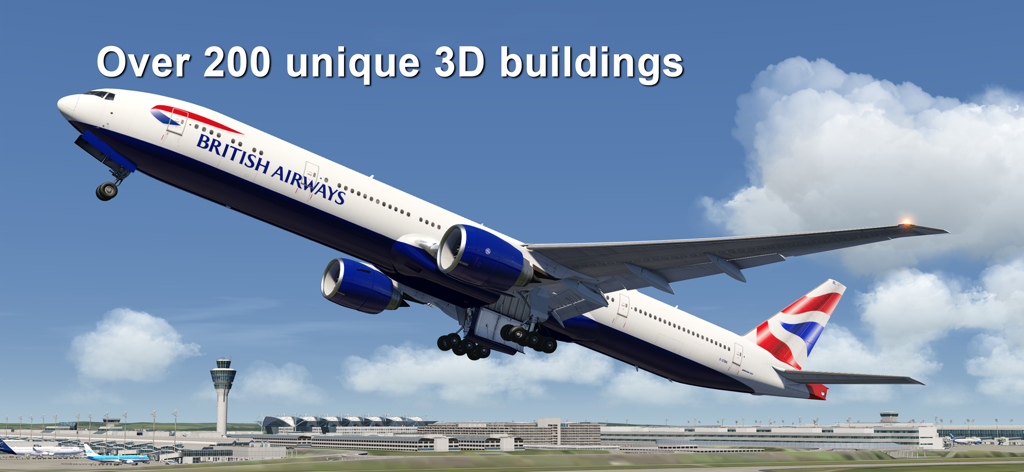 Aerofly FS Global - A British Airways airplane taking off from a detailed airport with 3D buildings in Aerofly FS Global