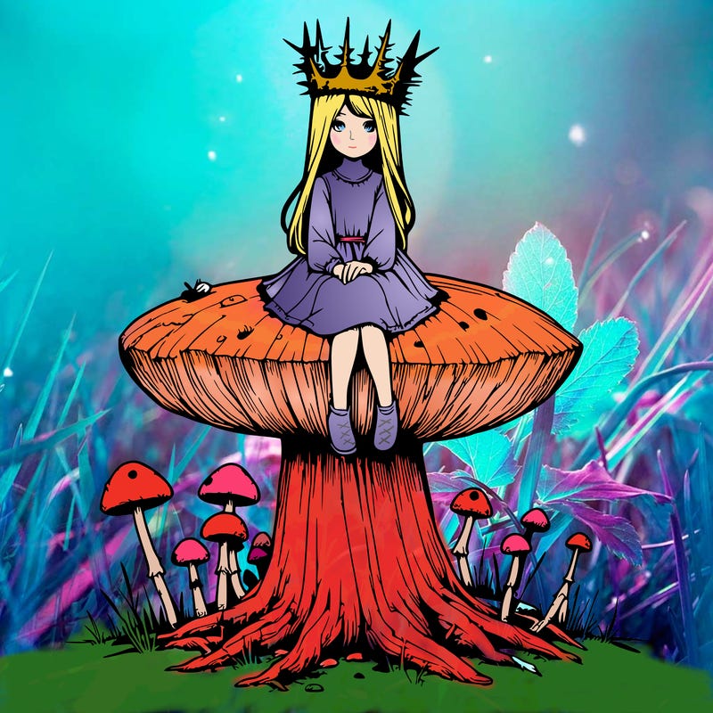 realistic girl sitting on a huge tree stump size toadstool with thorn crown