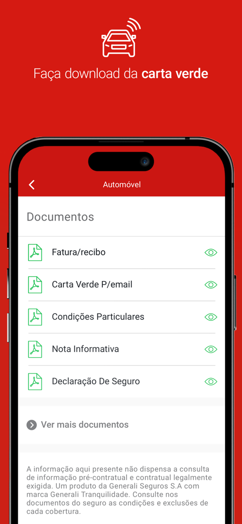 Generali Tranquilidade mobile app screen showing a list of automobile insurance documents and a download green card option