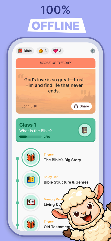 Bible for Beginners in a Year - Oberfläche der App 'Bibel für Anfänger' mit Offline-Lektionen und täglichem Vers