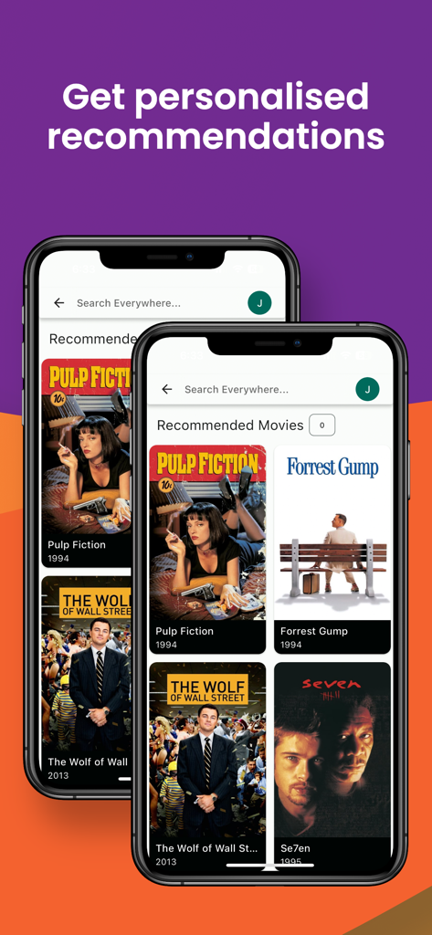Phyn - Client for Jellyfin - Captura de pantalla de la aplicación Phyn que muestra recomendaciones de películas personalizadas que incluyen clásicos como Pulp Fiction y Forrest Gump en una interfaz móvil.