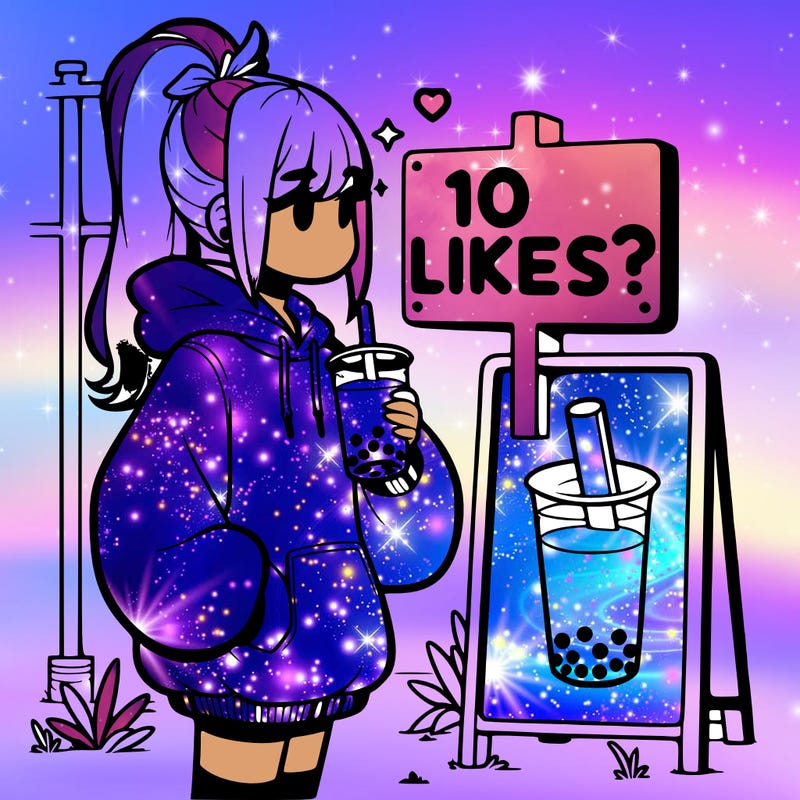 girl with oversized hoodie drinking boba and she has a high ponytail with a sign that says 10likes?