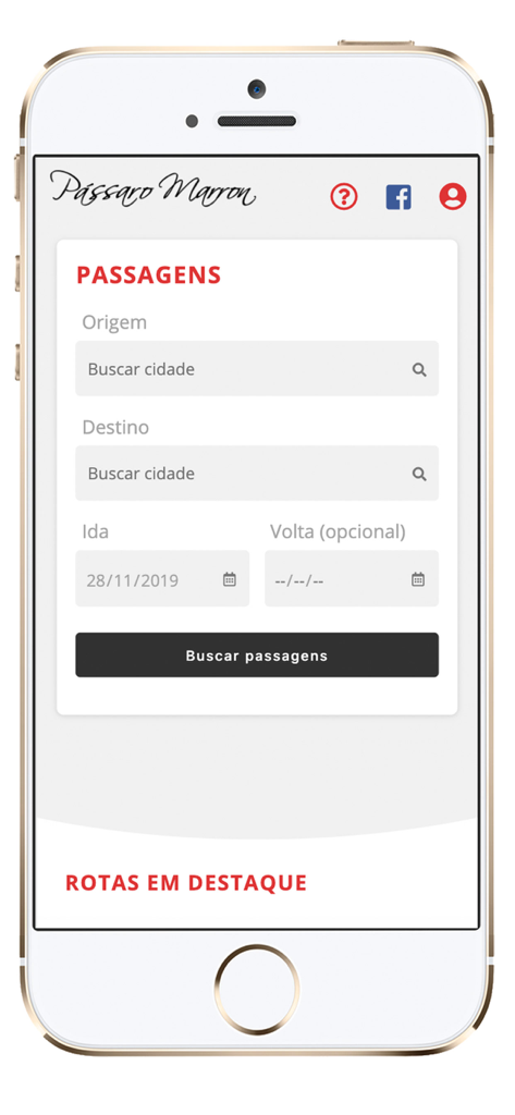 Interfaz móvil de la aplicación Passaro Marron que muestra campos de búsqueda de boletos de autobús para origen, destino y fechas de viaje