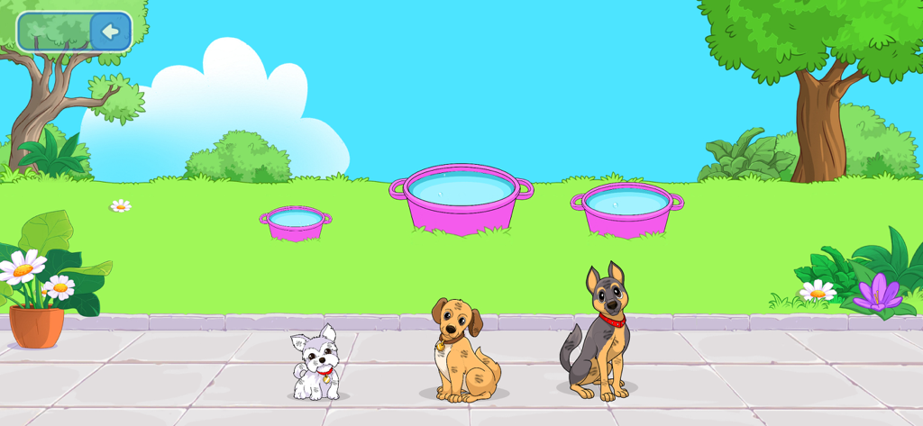 Un jeu d'apprentissage pour tout-petits où les enfants associent différents chiens de taille à des bols dans un parc