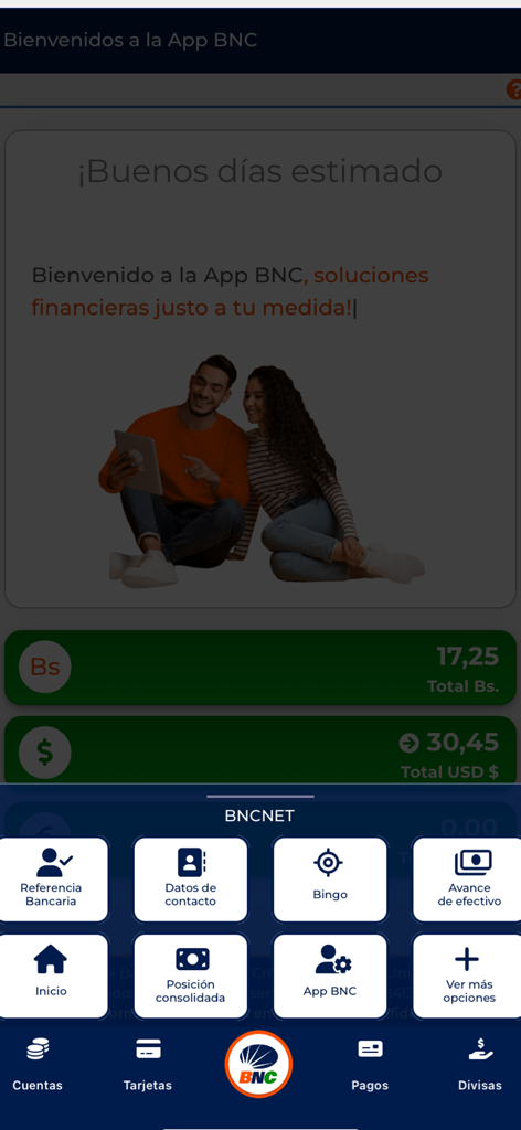 BNC - Panel móvil de la aplicación bancaria BNC que muestra saldos en Bolívares y Dólares estadounidenses.
