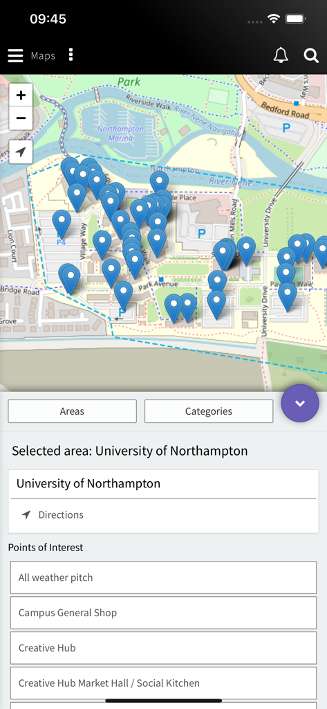 MyNorthampton - Screenshot of the campus map feature in the MyNorthampton app showing university buildings and points of interest