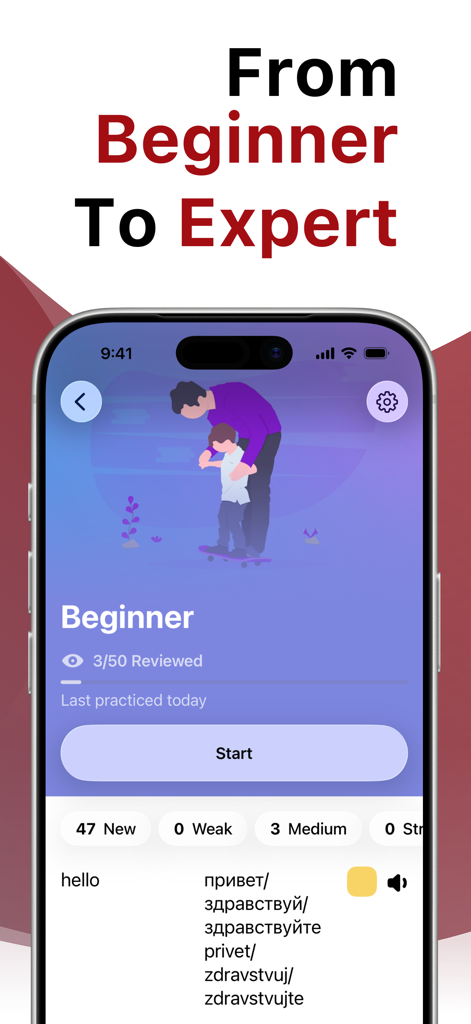 App Impara il Russo con LENGO che mostra i progressi a livello principiante e il vocabolario per la parola 'ciao'