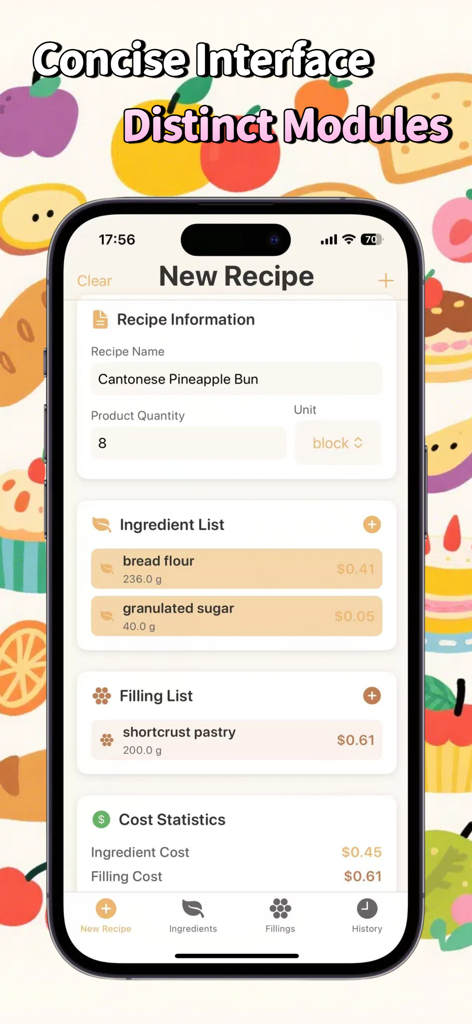 Baking Cost Calculator - Interface de l'application Calculateur de Coûts de Pâtisserie montrant les coûts des ingrédients et des garnitures pour les pâtissiers professionnels.