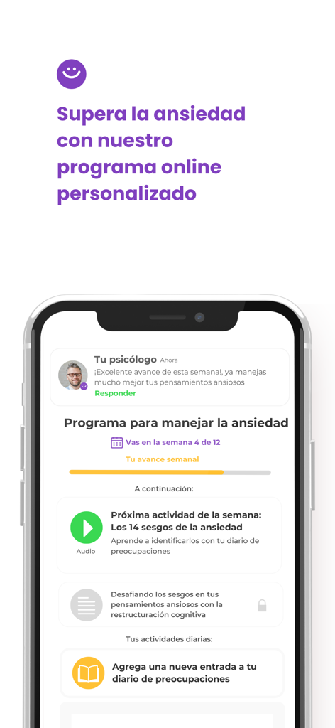 Terapi: Cuida tu salud mental - Pantalla de la app Terapi que muestra un programa personalizado en línea para superar la ansiedad en español