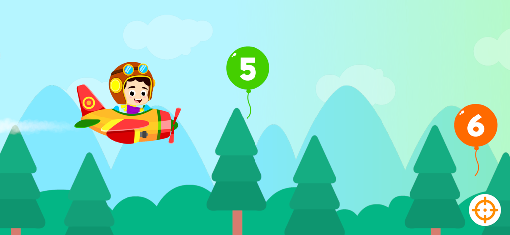 Kids Airplane: Learn ABC & 123 - A cartoon kid pilot flying a colorful airplane through a forest to collect number balloons for preschool learning.