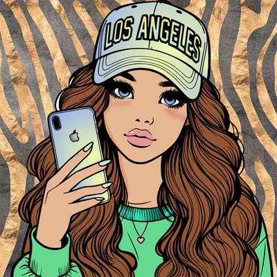 realistic beautiful girl wearing los ángeles cap holding an iphone