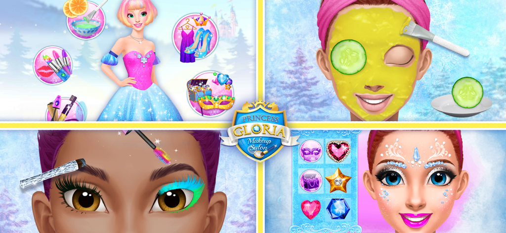 Princess Gloria Makeup Salon - Un collage que muestra tratamientos de spa facial para princesas, aplicación de maquillaje y opciones de disfraces en un juego de salón de belleza con temática invernal.