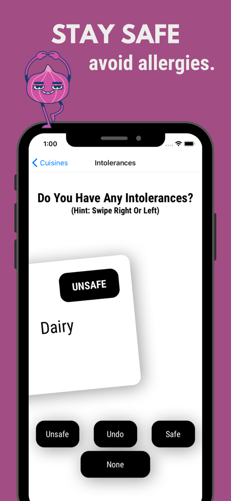 Interface of the Famysh app showing a swiping card system to select food intolerances like dairy for safe meal suggestions