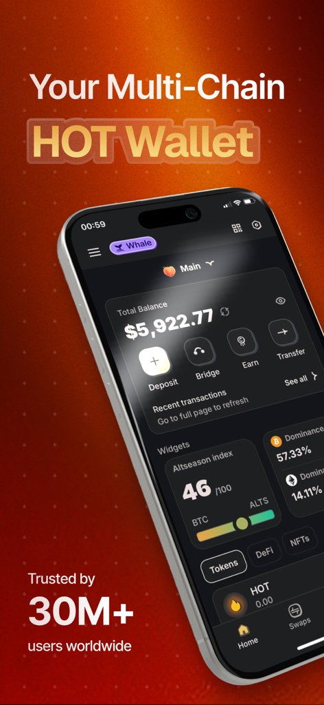 HOT Crypto Walletモバイルアプリのインターフェース。アカウント残高とアセットウィジェットを備えたマルチチェーンダッシュボードを表示しています。