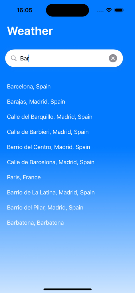 MultipleCity Weather - Minimalist city search screen in the MultipleCity Weather app showing location suggestions