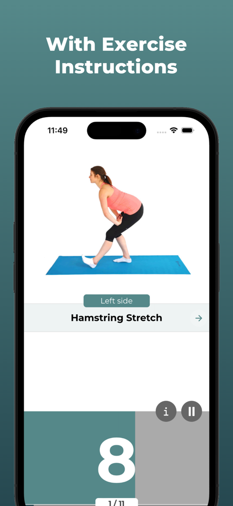Home Workout For Seniors - Una mujer realizando un ejercicio de estiramiento de isquiotibiales con instrucciones en la aplicación Entrenamiento en casa para personas mayores.