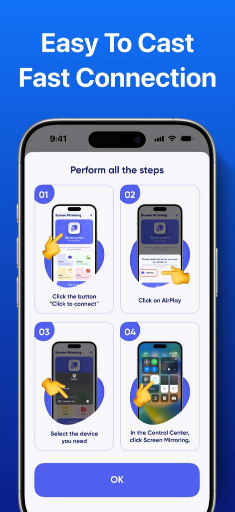 Screen Mirroring・Air Cast TV - A four step instructional guide showing how to connect an iPhone to a smart TV for screen mirroring