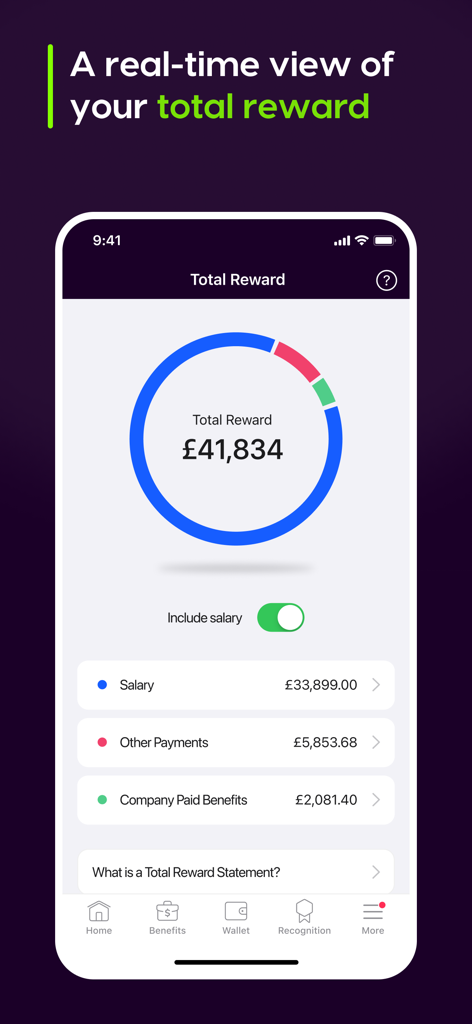 OneHub | Mobile - OneHub Mobile app screen displaying an employee total reward statement with a financial breakdown chart.