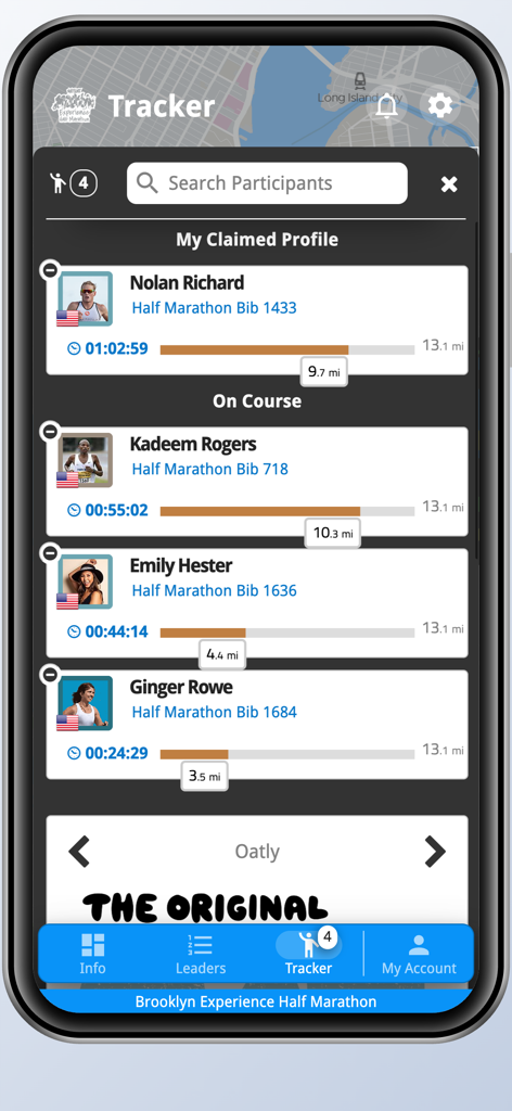 Brooklyn Experience Half - Real-time participant tracker screen showing runner names and race progress for the Brooklyn Experience Half Marathon