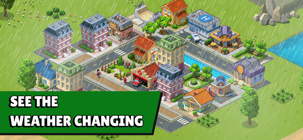 Captura de pantalla del juego Village City Town Building Sim con efectos de lluvia sobre los edificios de la ciudad