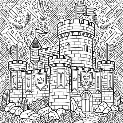 Celebrate the strength and love of fathers with this unique coloring page featuring a magnificent keep castle. Adorned with special Father's Day banners and symbols, it's a perfect tribute for your hero.