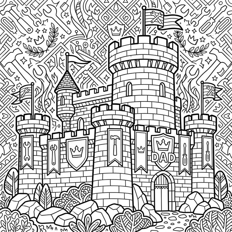 Celebrate the strength and love of fathers with this unique coloring page featuring a magnificent keep castle. Adorned with special Father's Day banners and symbols, it's a perfect tribute for your hero.