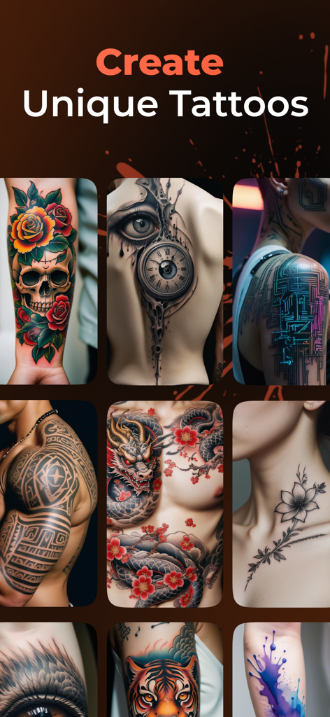 Aink - AI Tattoo Generator App - A collection of unique and diverse tattoo designs generated by the Aink AI app on various body parts