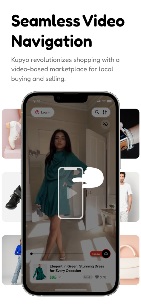 Un smartphone que muestra una navegación fluida por video para un listado de moda en la aplicación Kupyo