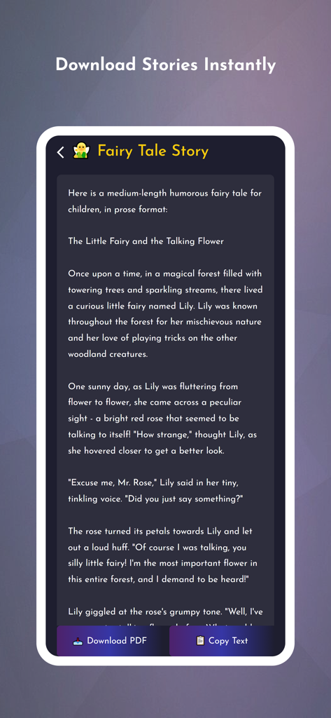 GenStory: AI Story Creator - Uma história de conto de fadas gerada pela IA GenStory com botões para baixar PDF ou copiar texto