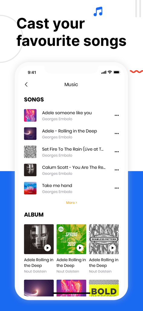 Interface of the Chromecaster app showing options to cast music and songs to a TV