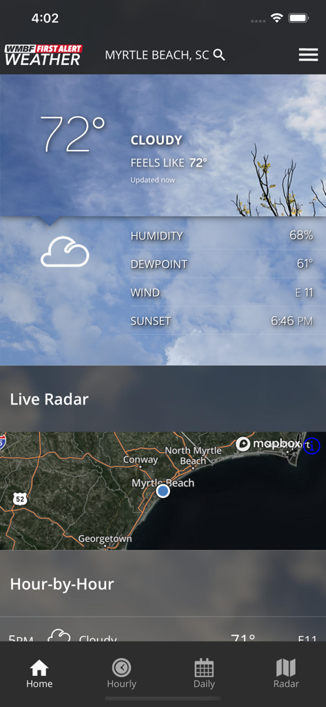 WMBF First Alert Weather - WMBF First Alert Weather app dashboard displaying current temperature and live radar for Myrtle Beach