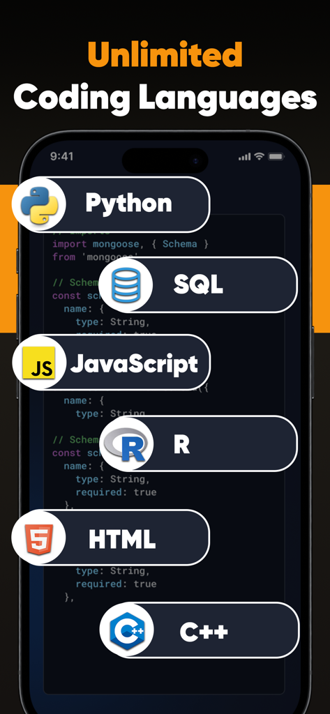 Code AI: Learn Programming - Pantalla de smartphone mostrando logotipos de múltiples lenguajes de programación como Python SQL JavaScript y C más más sobre un fragmento de código