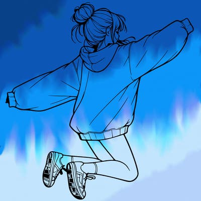 realistic girl jumping with a bun and oversized sweatshirt