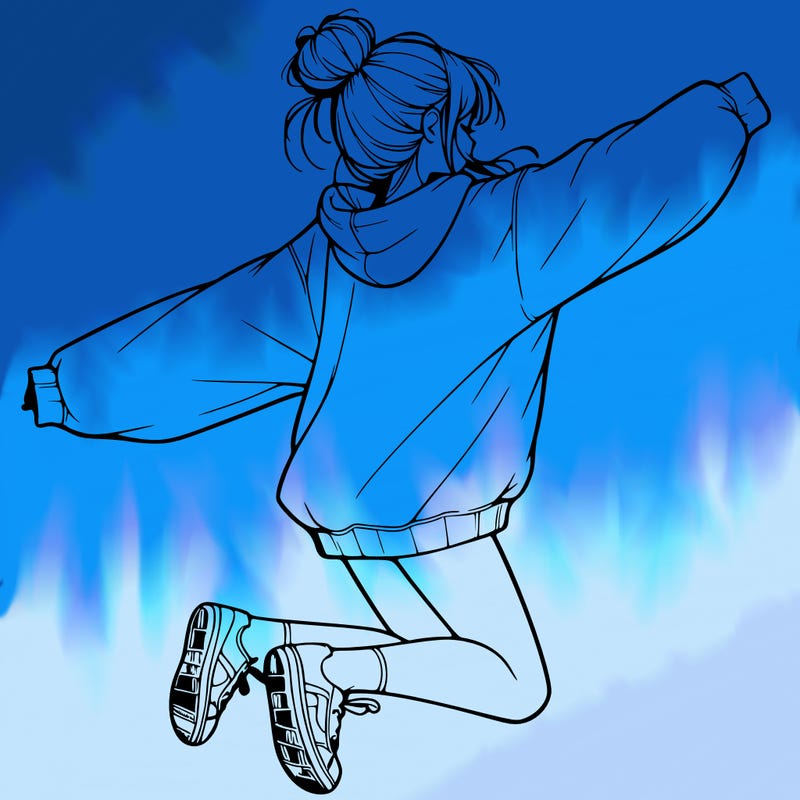 realistic girl jumping with a bun and oversized sweatshirt