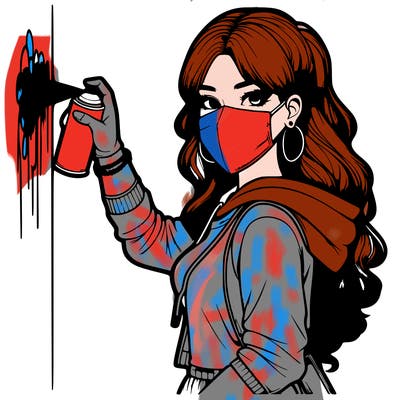 realistic girl with mask spray painting a wall